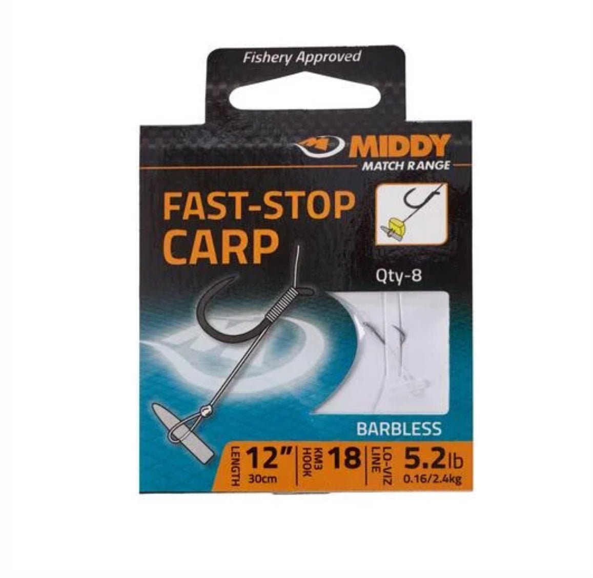 MIDDY Fast-Stop Carp Hooks-to-Nylon (Long - 12"): 18 to 5.2lb (8pc pkt)