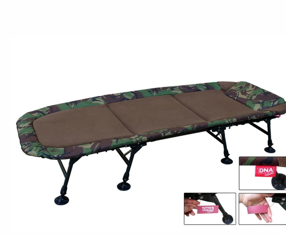 Carp Fishing Bedchair 8 Leg Khaki Camo Padded Fleece Flat Lay + Pillow